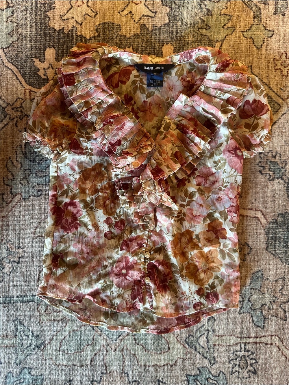 Ralph Lauren Pink & Brown Floral Ruffle Collar Blouse
